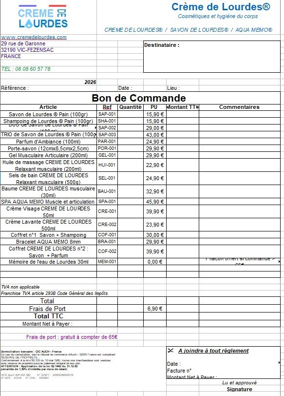 Bon de commane 2026 CREME DE LOURDES
