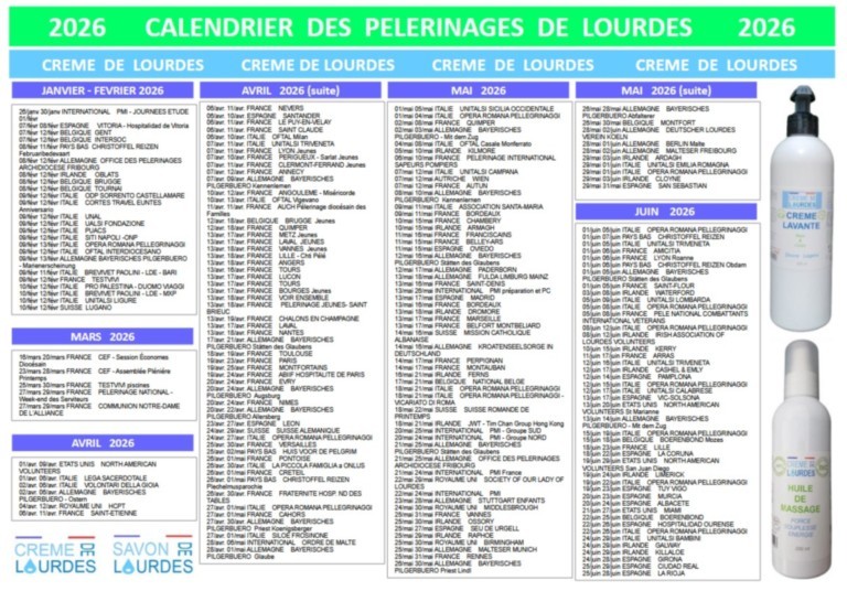 Calendrier 2026 pour les pèlerins de Lourdes