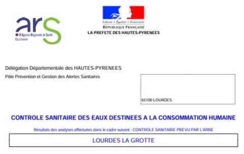 Résultat d'analyse biologiques publiées concernant l'eau de Lourdes